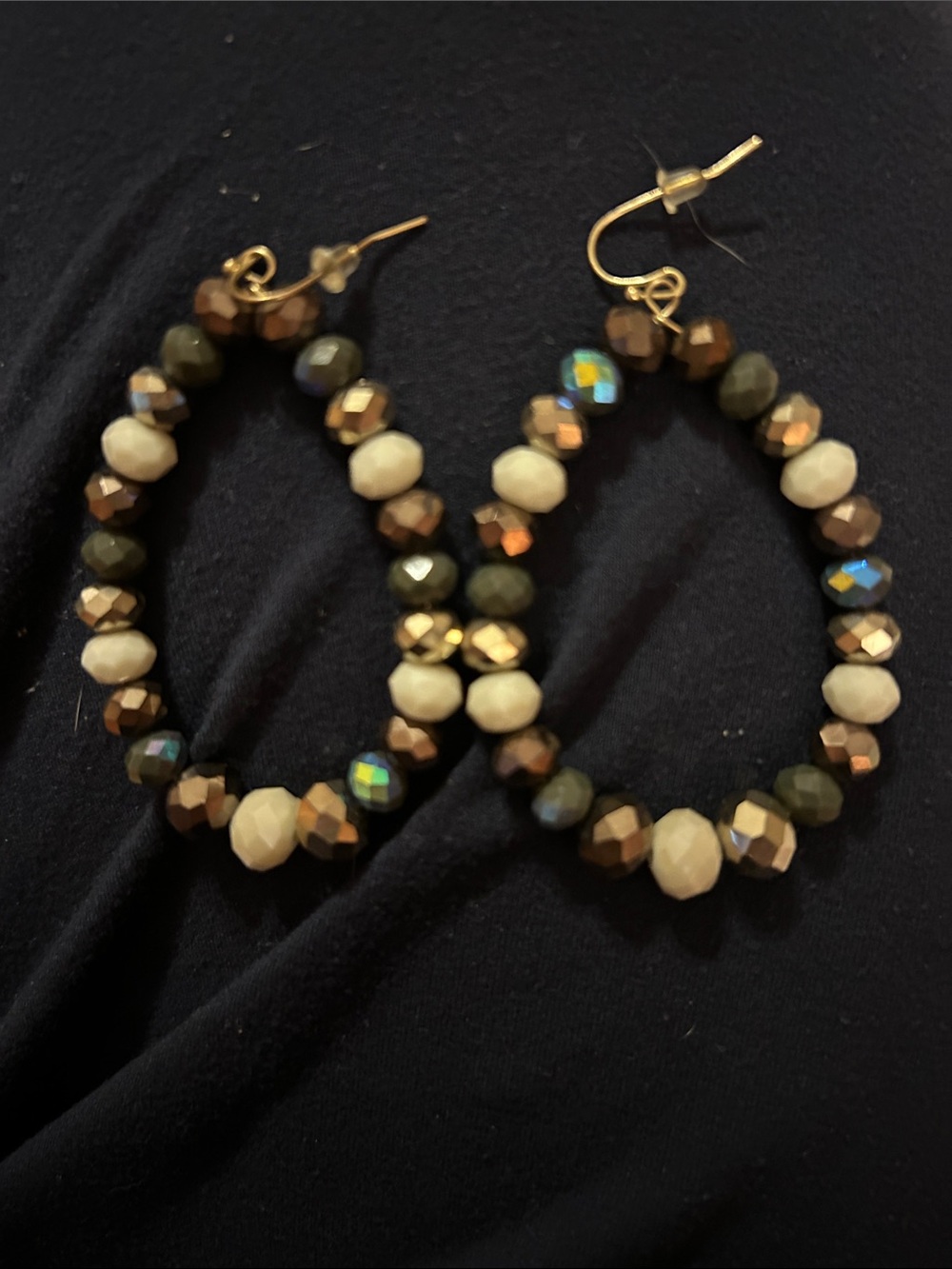 Gold Beaded Hoop Earrings with Brown and Green Beads
